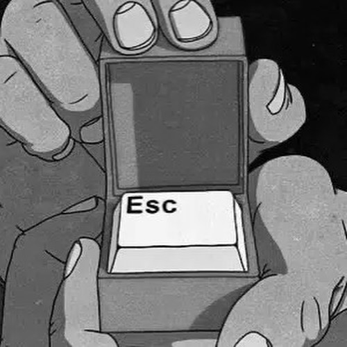 A black and white illustration of two hands reaching toward a large computer keyboard, with one finger pressing the "Esc" key.
