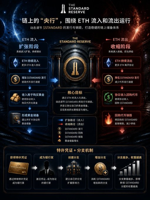 An infographic for 'THE STANDARD RESERVE' explaining its mechanism for managing ETH inflows and outflows, including expansion and contraction phases, core objectives, and a permit and branch mechanism.