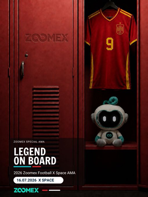 A red locker displays a Spain #9 jersey alongside a "Legend on Board" poster announcing the ZOOMEX Special AMA "2026 Zoomex Football X Space AMA" on 16.07.2026, teasing a World Cup-winning legend's appearance.