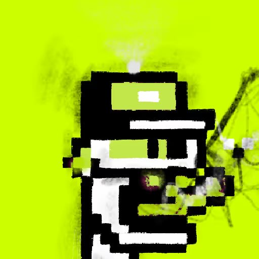 A heavily pixelated, glitchy digital image with bright neon green background and distorted black, white, and colored blocky shapes.