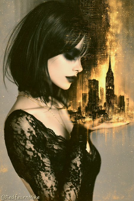 A stylized digital artwork shows a woman with dark hair wearing black lace, with a glowing golden cityscape merging into her profile, watermarked '@Redfeanmike'.