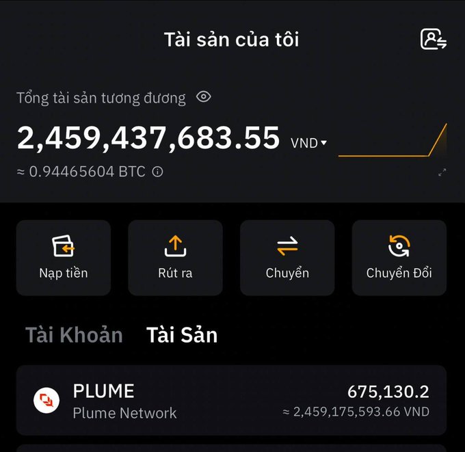A Vietnamese cryptocurrency wallet app screenshot showing 'Tài sản của tôi' (My Assets) with a total balance of 2,459,437,683.55 VND (approximately 0.94465604 BTC), displaying PLUME token holdings.