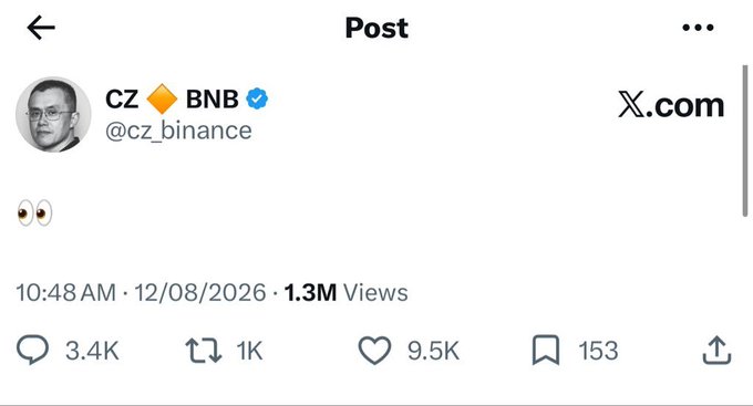 The image shows a post from CZ (Changpeng Zhao), founder of BNB, with the handle @cz_binance, featuring only an eyes emoji 👀. Posted at 10:48 AM on 12/08/2026, it has garnered 1.3M views, 3.4K comments, 1K reposts, and 9.5K likes, illustrating his massive influence and ability to command the market's attention with minimal content—supporting the claim that he is the most impactful KOL in crypto after Satoshi.