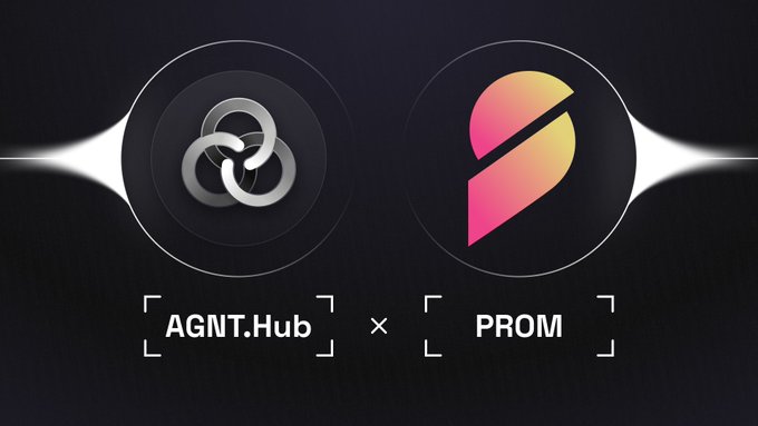 The image features a logo with two circles connected by a line, one gray and one pink, both of which are outlined in white. The text "AGNTHUB x PROM" is written below the logo, indicating that these two elements are part of a partnership or collaboration between Agnthub Hub and Prom.