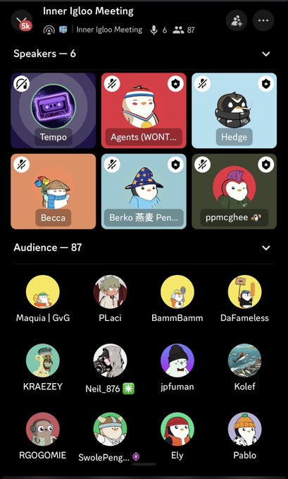 A screenshot of a Discord voice channel called 'Inner Igloo Meeting' showing six speaker avatars including 'Tempo' and 'Hedge', with 87 audience members below.