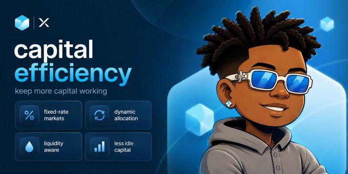 Promotional graphic titled 'capital efficiency - keep more capital working' featuring a cartoon character with dreadlocks and blue sunglasses, highlighting features: fixed-rate markets, dynamic allocation, liquidity aware, and less idle capital.