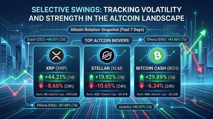 An infographic titled 'Selective Swings: Tracking Volatility and Strength in the Altcoin Landscape' showing an 'Altcoin Rotation Snapshot (Past 7 Days)' with top movers including XRP (+44.21%), Stellar (XLM, +19.92%), Bitcoin Cash (BCH, +29.89%), Zcash (ZEC), Ethena (ENA), and Zoranthin.