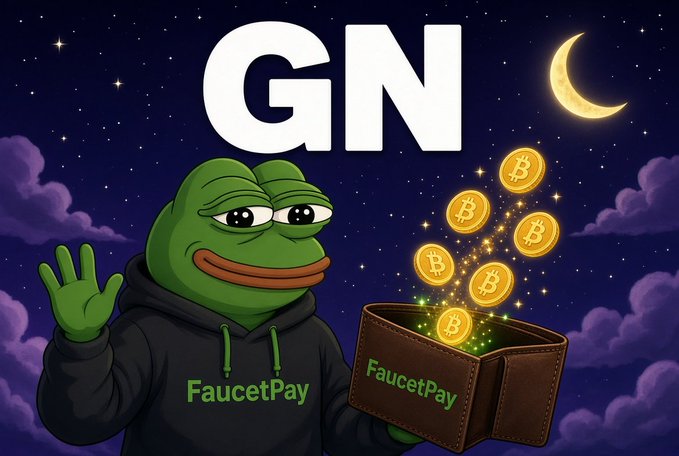 The cartoon Pepe frog wearing a black "FaucetPay" hoodie holds open a "FaucetPay" wallet overflowing with glowing Bitcoin coins beneath "GN" text and a crescent moon, visually reinforcing the "good night" message with the idea of earning crypto passively overnight.