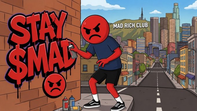 The image features a cartoon character, possibly a man or a boy, standing against a brick wall with graffiti that says "STAY SMALL". The character appears to be angry or upset about something. Below the graffiti, there's text that reads "Gm not good morning but GET $MAD STAY $MAD Throughout your day." This message seems to convey an attitude of defiance and resistance against the idea of being small or weak in some way.

The image also includes a cityscape with buildings and cars, which adds context to the scene. The graffiti on the wall could be related to a specific event or situation that has caused the character's anger or frustration. Overall, the image seems to convey a message about not letting negative circumstances define us or bring us down.