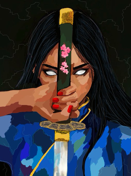 A stylized digital illustration portrays a warrior with long black hair and glowing white eyes holding an ornate sword with pink blossoms across her face, wearing a blue patterned garment against a dark background.