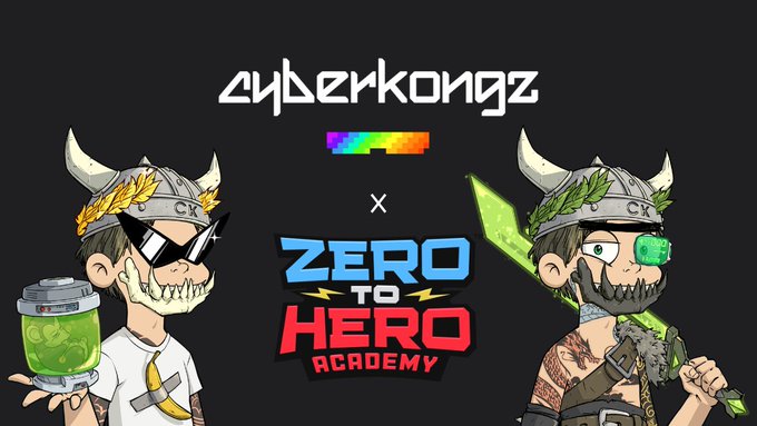 Promotional graphic for a collaboration between 'CyberKongz' (featuring two viking-helmeted characters with a 'CK' logo) and 'Zero to Hero Academy.'