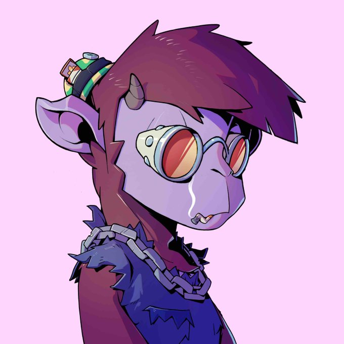 The image shows a handsome purple-skinned character with red hair, small horns, pointed ears, a single visible fang, and orange-tinted goggles, wearing a spiked black outfit and a chain necklace against a pink background. As a stylized NFT-style artwork, it depicts the "reals GOAT #934" character being given away in the Solana (SOL) wallet drop mentioned in the post.