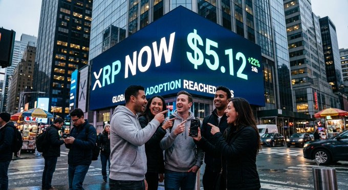 A group of young people on a city street (appears to be Times Square) excitedly pointing at a large digital billboard displaying 'XRP NOW $5.12' with '+22% 24H' and 'GLOBAL ADOPTION REACHED.'