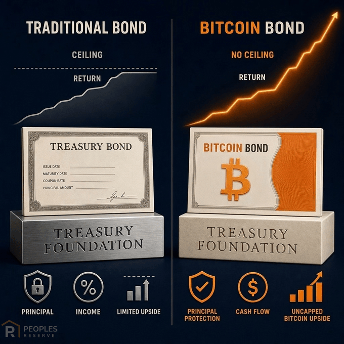 An infographic comparing a 'Traditional Treasury Bond' with limited upside and ceiling returns versus a 'Bitcoin Bond' with uncapped bitcoin upside and principal protection, both resting on 'Treasury Foundation' pedestals.