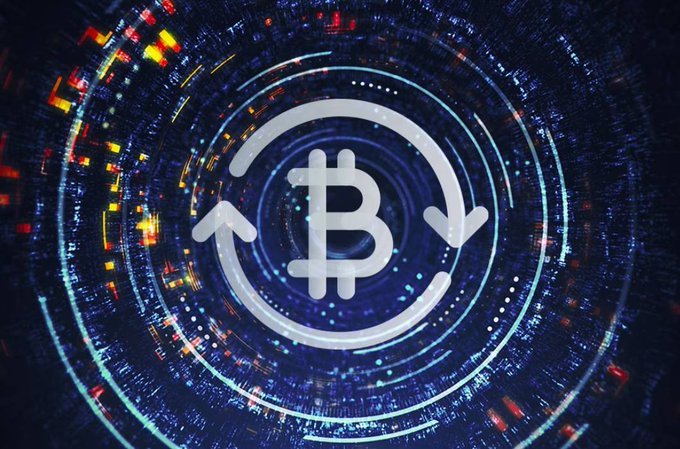 A digital graphic featuring a white Bitcoin logo with circular arrows set against a dark, tech-inspired background of glowing blue and red lights.