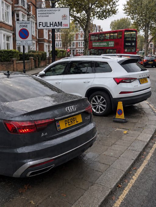 The image shows two cars—a black Audi A4 with the personalized license plate "PERPL" and a white SUV—parked on a London street near a "FULHAM SW6" sign, alongside a red double-decker bus. The "PERPL" license plate cleverly ties into the caption's reference to "$PERPL," a meme coin, humorously framing a real-world sighting as proof of the token's presence and "unlocking" of its reward pool.