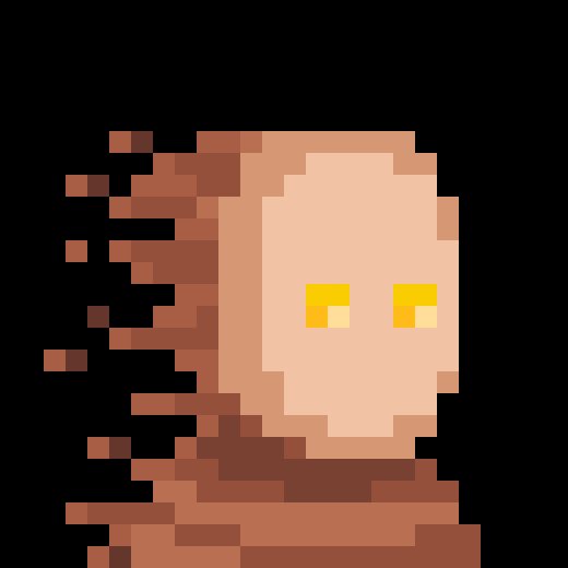 A pixel art illustration depicts a character with brown hair trailing off to the left in a flowing motion, glowing yellow eyes, and an orange-brown scarf against a black background.