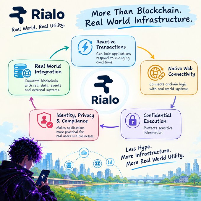 An illustrated infographic for "Rialo - Real World. Real Utility." titled "More Than Blockchain. Real World Infrastructure." showing a cycle of features including Real World Integration, Reactive Transactions, Native Web Connectivity, Confidential Execution, and Identity, Privacy & Compliance, with the tagline "Less Hype. More Infrastructure. More Real World Utility."