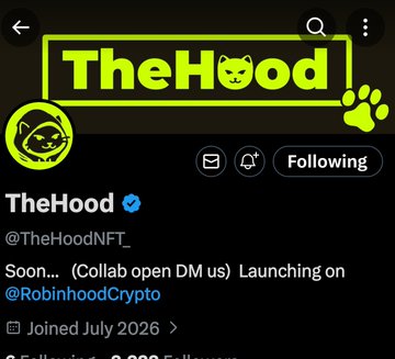 A Twitter profile page for 'TheHood' (@TheHoodNFT) with a bio reading 'Soon... (Collab open DM us) Launching on @RobinhoodCrypto', joined July 2026.