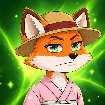 An illustrated orange fox with green eyes wears a straw hat and pink robe, standing before a glowing green, star-like background.