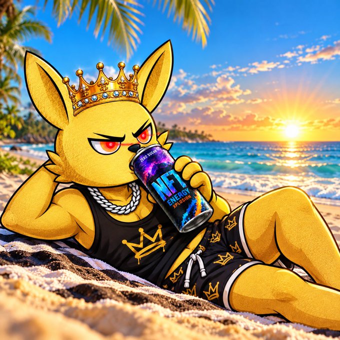 An AI-generated illustration depicts a yellow, fox-like character wearing a gold crown, black tank top, and crown-patterned shorts, relaxing on a beach at sunset while holding a can labeled 'NFT ENERGY'.