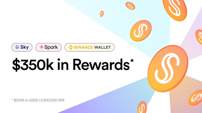 The image features a poster advertising an offer from Sky Agent at Spark Dotfi, where users can gain $350K in rewards through the partnership with @Binance Wallet for a 30-day campaign. The poster showcases several vaults listed below the text, each offering a unique benefit or reward amount associated with them. The sky is depicted above these vaults, creating an eye-catching and visually appealing design to grab the attention of potential users interested in participating in this promotional offer.