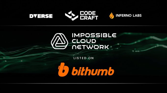 A promotional graphic for 'IMPOSSIBLE CLOUD NETWORK' listing it on Bithumb exchange, with associated partners DVERSE, CODECRAFT, and INFERNO LABS displayed at the top.