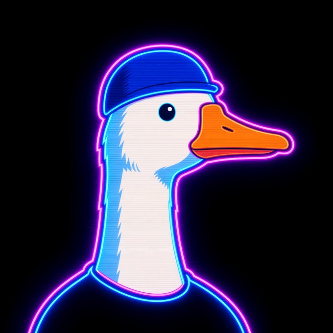 A neon-style digital illustration of a white duck/goose wearing a blue cap, outlined in glowing blue and pink neon lights against a black background.