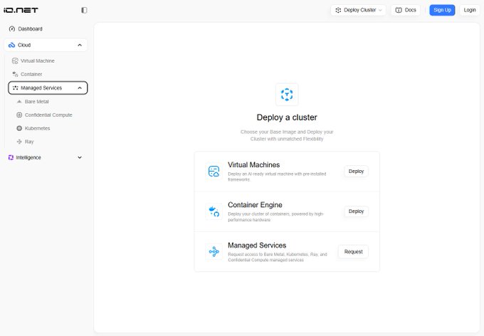 A dashboard interface for io.net with a sidebar menu showing 'Cloud' and 'Managed Services' options; the main panel displays 'Deploy a cluster' with choices for Virtual Machines, Container Engine, and Managed Services, each with Deploy or Request buttons.