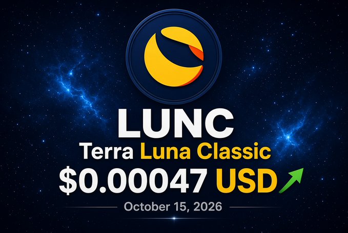 A crypto price graphic for Terra Luna Classic (LUNC) showing a price of $0.00047 USD on October 15, 2026 with an upward green arrow.