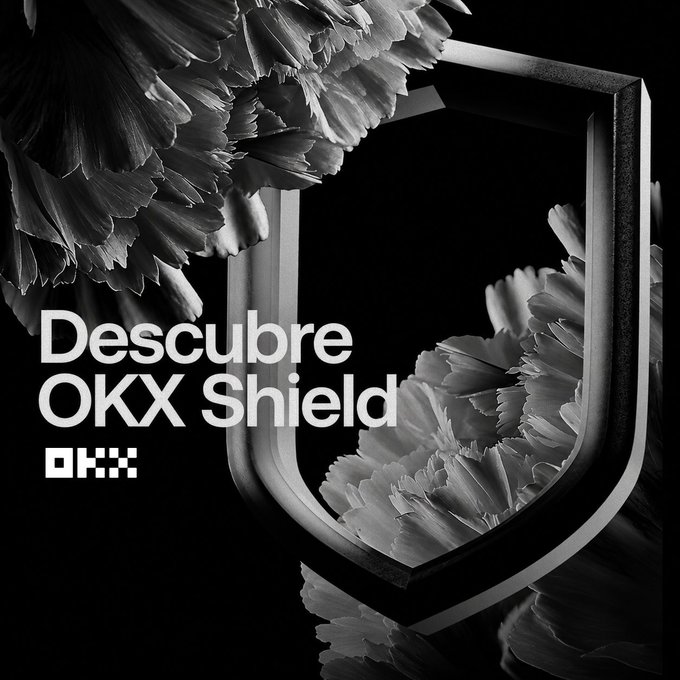 An advertisement for OKX features a metallic shield surrounded by black and white flowers, with the text 'Descubre OKX Shield' and the OKX logo.