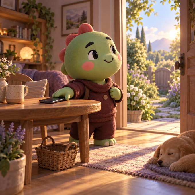 A 3D-rendered cartoon character of a green dinosaur wearing a brown sweater stands in a cozy room, reaching toward a smartphone on a wooden table, while a golden retriever sleeps on a rug nearby.