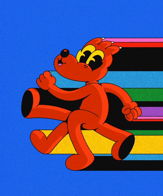 A vibrant cartoon illustration of a red bear-like character running energetically against a bright blue background, leaving behind colorful horizontal speed lines.