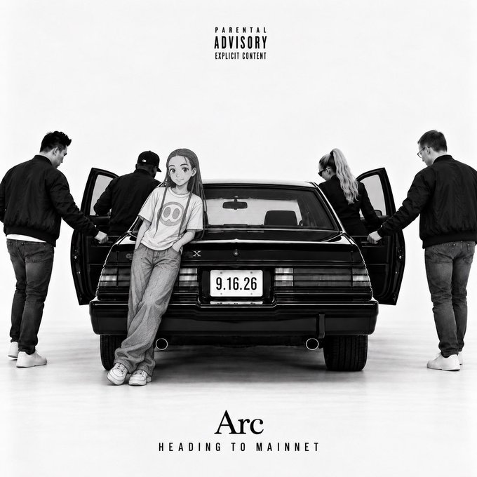 A black and white album cover titled 'Arc' with the subtitle 'Heading to Mainnet,' featuring a cartoon girl leaning against a black car surrounded by men, marked with a 'Parental Advisory Explicit Content' label and a date of 9.16.26.