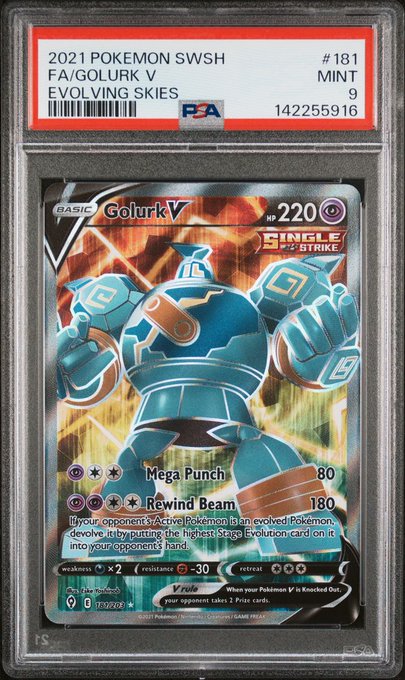 A graded PSA 9 MINT 2021 Pokémon SWSH Evolving Skies card featuring Golurk V (#181), displaying its attacks 'Mega Punch' and 'Rewind Beam'.