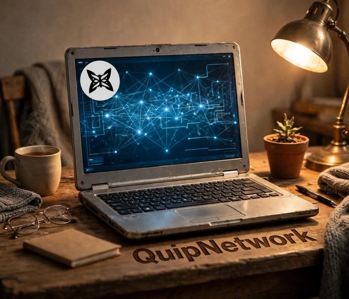 A rustic desk scene with a rugged laptop displaying a glowing blue network pattern and a butterfly logo, accompanied by the text "QuipNetwork" on the desk surface.