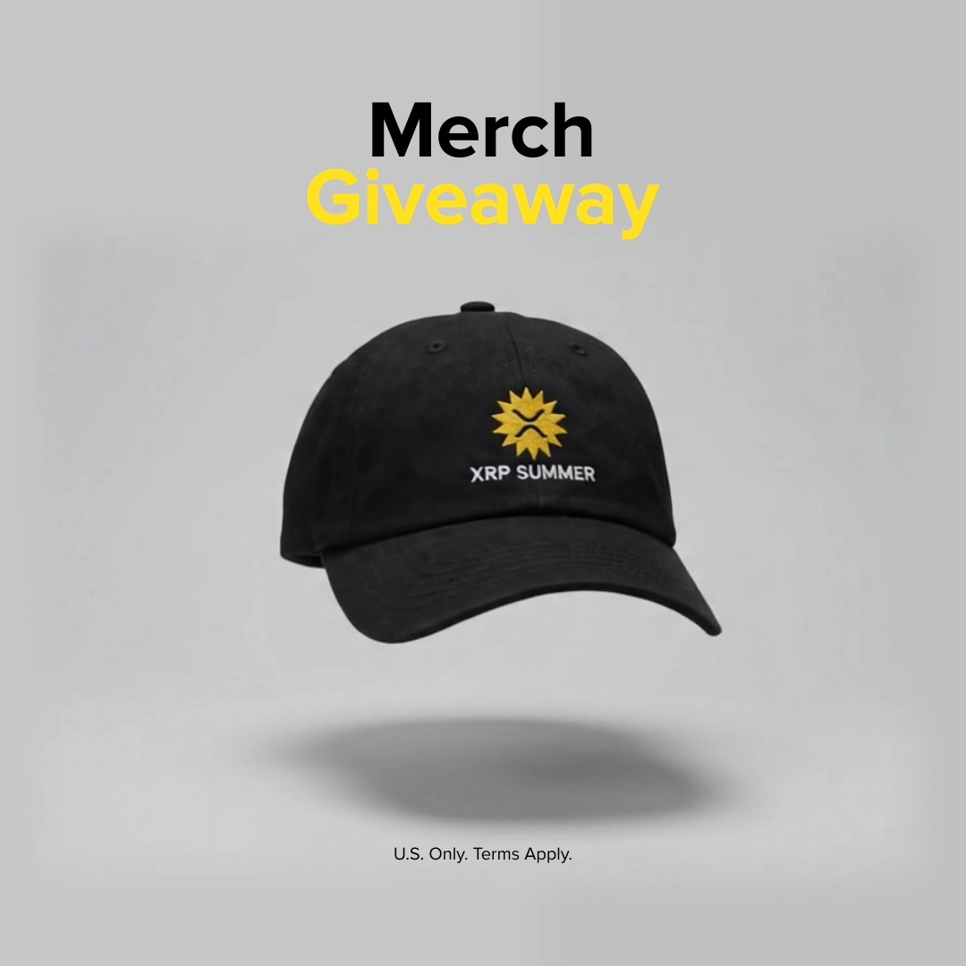A black baseball cap featuring a yellow sun graphic and the text "XRP SUMMER" floats against a light gray background, promoting a Merch Giveaway for 10 limited-edition XRP Summer hats with the note "U.S. Only. Terms Apply." at the bottom.