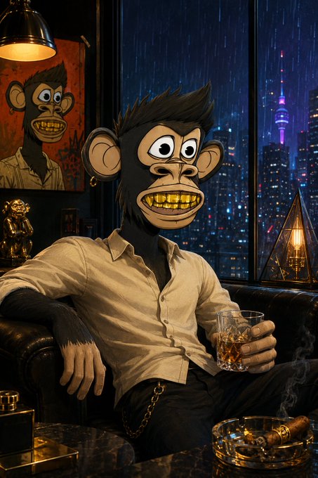 The image shows a stylized cartoon monkey character with a wide grin and gold teeth, dressed in a beige button-up shirt, lounging on a leather couch while holding a glass of whiskey, with a rainy nighttime cityscape visible through the window behind them.

The image relates to the post thematically as a "goodnight" vibe, though the monkey and city bar scene don't directly illustrate the CNPY Network text about launchpads, explorers, and wallet tooling.