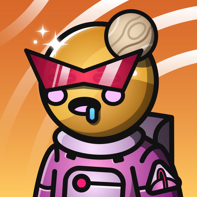 A cartoon illustration of a character with a golden/yellow bear-like head, red sunglasses, and a pink spacesuit with a topknot against an orange background.