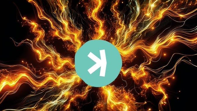 The teal Kaspa (KAS) logo is centered against a dramatic backdrop of fiery orange energy waves emanating outward, symbolizing the explosive growth and energy behind the KAS cryptocurrency as discussed in the accompanying post about converting from Bitcoin-only to embracing Kaspa.