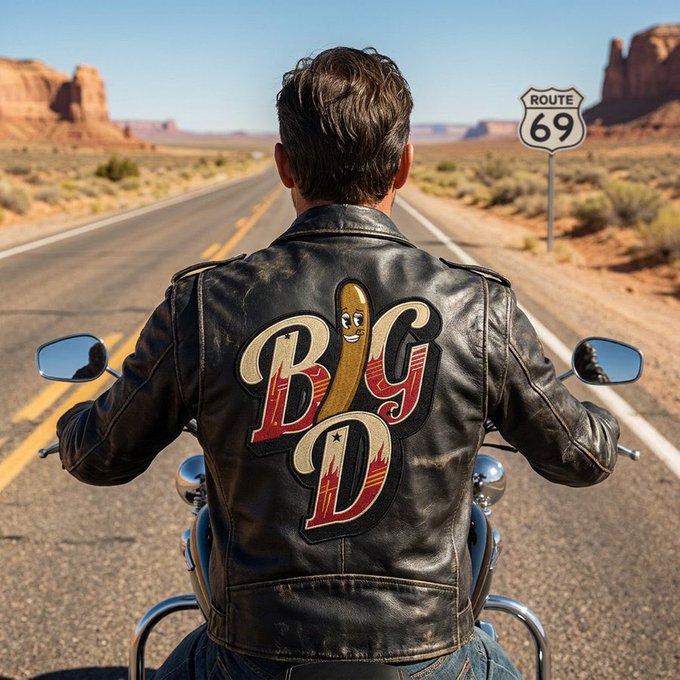 A rider in a leather jacket emblazoned with the "BigD" logo—featuring a cartoon sausage—cruises down Route 66, embodying the unapologetically weird and rebellious spirit of the meme token highlighted in the caption.