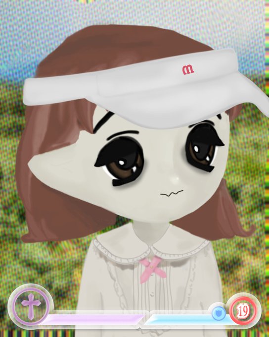 A 3D animated chibi-style character with brown hair, large eyes, and a white visor with a red 'm' logo, wearing a white shirt with a pink ribbon, against a glitchy background.