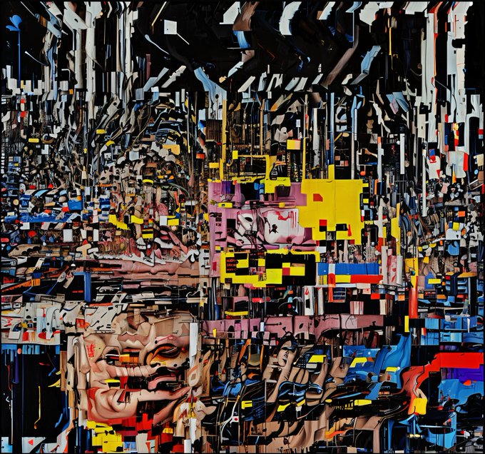 An abstract, heavily distorted digital artwork filled with glitchy pixels and chaotic blocks of color, featuring fragmented humanoid faces emerging from the digital noise.