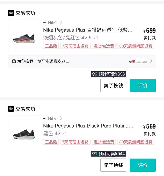 A screenshot of two successful transactions on a Chinese e-commerce platform showing Nike Pegasus Plus shoes purchased in sizes 42 and 42.5 for ¥699 and ¥569 respectively, with options to resell or review. The image relates to the post by illustrating the shoe size dilemma—showing both sizes to reflect the buyer's realization that their original size 42 no longer fits due to weight gain, prompting their decision to slim back down.