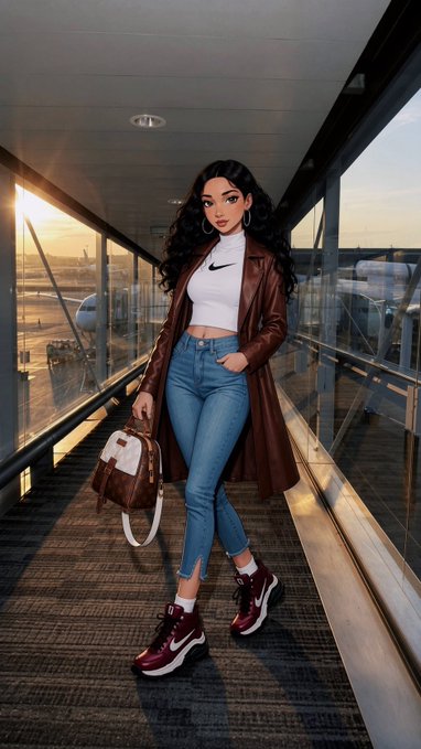 An illustrated young woman with long dark hair walking through an airport jet bridge at sunset, wearing a brown trench coat, white Nike crop top, blue jeans, and burgundy Nike Air Max sneakers while carrying a Louis Vuitton bag.