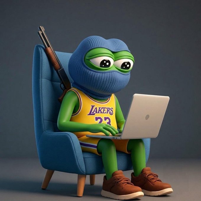A 3D-rendered green cartoon character wearing a blue beanie and Lakers #23 jersey sits in a blue armchair using a laptop, with a rifle propped behind the chair.