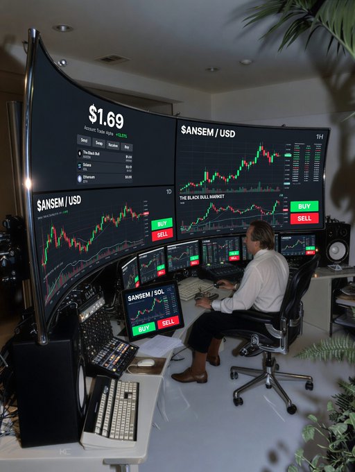 The image shows a man in a white shirt seated at a desk surrounded by multiple monitors displaying cryptocurrency charts for "$ANSEM/USD" and "$ANSEM/SOL" with a portfolio value of "$1.69," alongside bright "BUY" and "SELL" buttons. The post humorously exaggerates managing a tiny $1.69 investment as if it were a massive $69 billion portfolio, poking fun at the intense, multi-screen trading setup shown despite the negligible holdings.