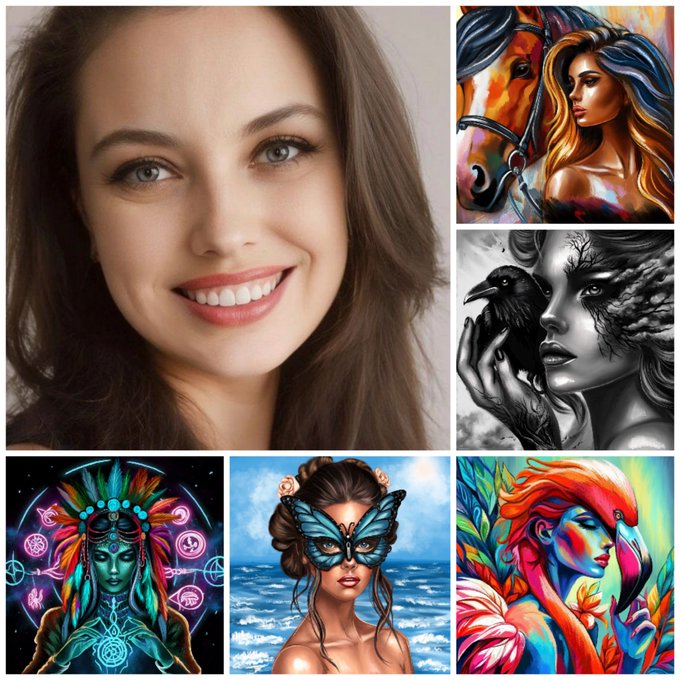 A collage featuring a photograph of a smiling brunette woman alongside five AI-generated digital art images depicting stylized portraits with themes including a horse, a raven, a Native American-inspired figure, a butterfly-masked woman, and a colorful flamingo-like creature.