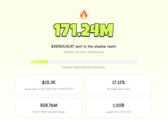 A crypto burn tracking page showing 171.24M $SERIOUSCAT tokens sent to the shadow realm, with 17.12% of supply burned, $15.3K ashes value, and 828.76M supply remaining.