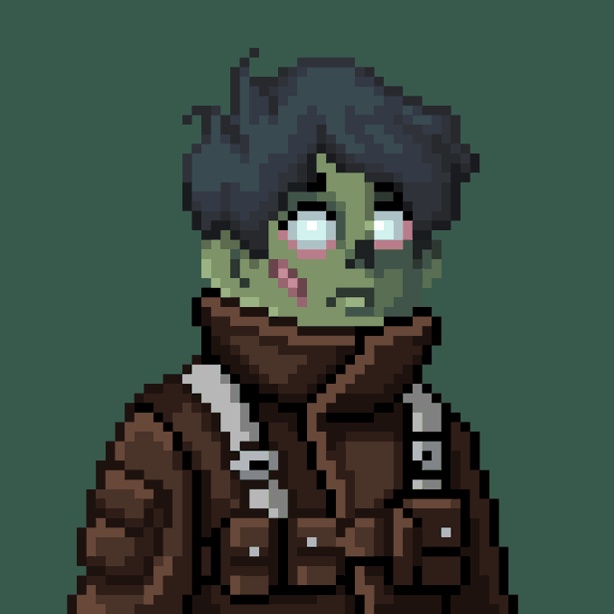 A pixel art illustration of a green-skinned zombie character with dark hair, pink-rimmed eyes, and a brown leather jacket against a dark green background.